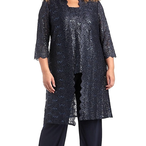 Chic Size 14 Navy Lace Scallop Sequined Duster Women's 3 Piece Pantsuit NWT - Picture 1 of 9